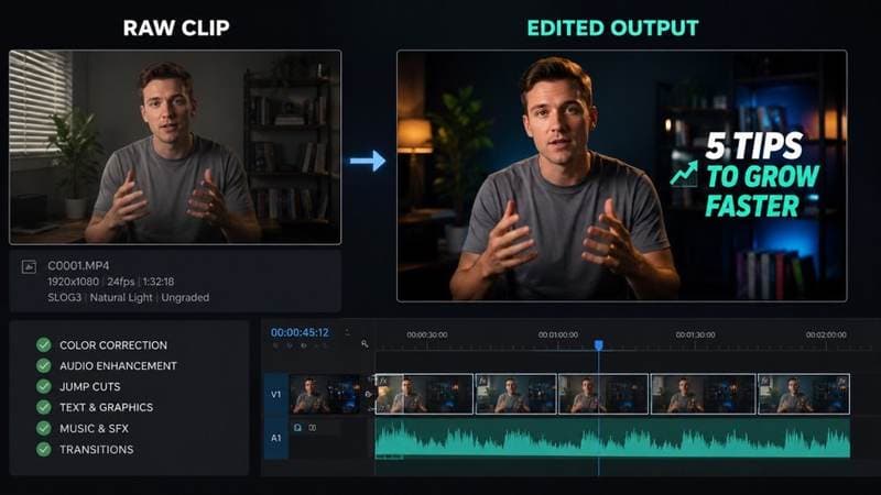 Before and after of a raw clip edited with color, captions, and a video timeline.