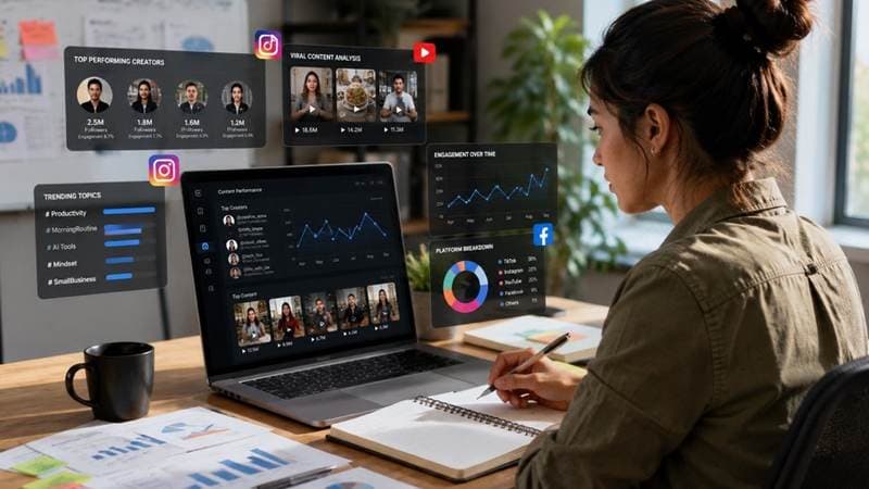 Research dashboards showing top-performing creators, trending topics, and platform breakdown.