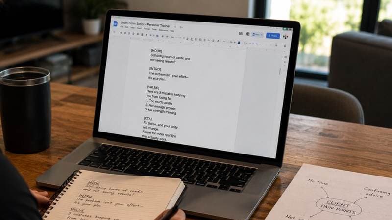 A short-form video script on a laptop with handwritten notes and a client pain-points diagram.