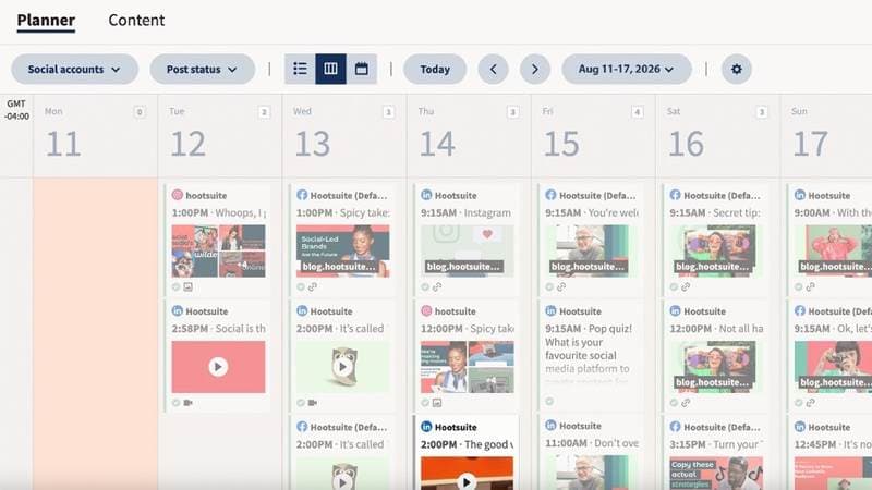 A weekly social content planner with scheduled posts across Instagram, Facebook, and LinkedIn.